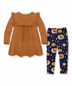 Brand new 🌟 Millie+ By Millie Loves Lily Rust Ruffle Long-Sleeve Top & Navy Turkey Leggings - 👧 Girls For Kids 🥰