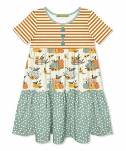 Best Sale ⭐ Millie Loves Lily Cream & Rust Pumpkin Patchwork Tiered Button-Front Shift 👗 Dress - 👧 Girls For Kids 🔥