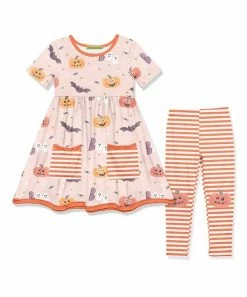Outlet 🔔 Millie Loves Lily Peach 'Boo' 🧛 Halloween A-Line 👗 Dress & Orange Stripe Leggings - 👧 Girls For Kids 😍