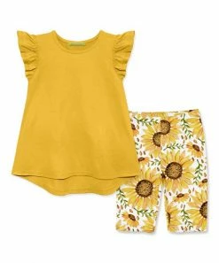 Hot Sale 🌟 Millie+ By Millie Loves Lily Yellow Angel-Sleeve Top & Sunflower Bike Shorts - 👧 Girls For Kids ⭐