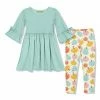 Brand new 🥰 Millie Loves Lily Mint Bow Bell-Sleeve A-Line 👗 Dress & Cream Pumpkins Leggings - 👧 Girls For Kids 🛒