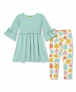 Brand new 🥰 Millie Loves Lily Mint Bow Bell-Sleeve A-Line 👗 Dress & Cream Pumpkins Leggings - 👧 Girls For Kids 🛒
