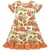 New 🛒 Millie Loves Lily Orange Multicolor Pumpkin Harvest Bow-Sleeve A-Line 👗 Dress - Toddler & 👧 Girls For Kids 🎁