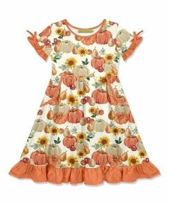 New 🛒 Millie Loves Lily Orange Multicolor Pumpkin Harvest Bow-Sleeve A-Line 👗 Dress - Toddler & 👧 Girls For Kids 🎁