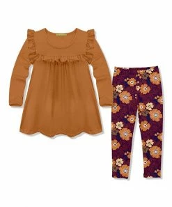 New 🥰 Millie Loves Lily Rust Ruffle-Accent Long-Sleeve Top & Plum Cinnamon Floral Leggings - Toddler & 👧 Girls For Kids ⭐