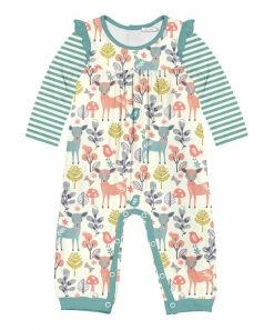 Cheap 😉 Little Millie Cream & Teal Woodland Walk Deer Ruffle-Trim Long-Sleeve Playsuit - Infant For Baby & Maternity ✨