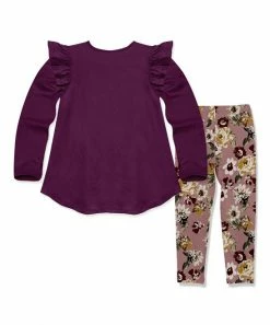 Promo 🛒 Millie Loves Lily Plum Ruffle Long-Sleeve Hi-Low Top & Mauve Floral Leggings - 👧 Girls For Kids 😀 -Little Millie-shop zu107806642 alt 3 tm1661864954