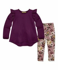 Promo 🛒 Millie Loves Lily Plum Ruffle Long-Sleeve Hi-Low Top & Mauve Floral Leggings - 👧 Girls For Kids 😀