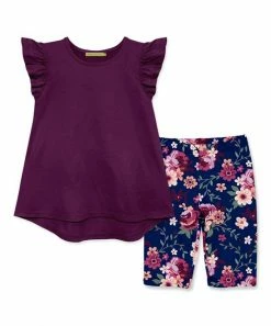 Cheap ⭐ Millie Loves Lily Plum Angel-Sleeve Top & Navy Willow Floral Bike Shorts - 👧 Girls For Kids 🥰
