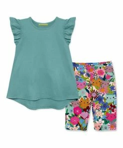 Brand new 🥰 Millie+ By Millie Loves Lily Nile Blue Angel-Sleeve Top & Pink Kitten Floral Bike Shorts - 👧 Girls For Kids ⌛