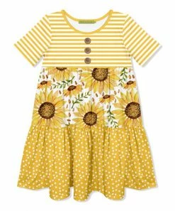 Budget 💯 Millie+ By Millie Loves Lily White & Yellow Sunflower Tiered Button-Front A-Line 👗 Dress - 👧 Girls For Kids 🎁