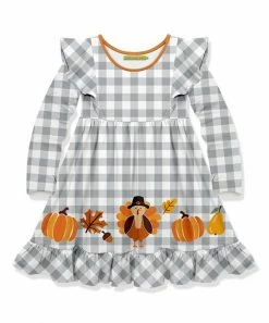 New ❤️ Millie Loves Lily Heather Gray Gingham Turkey Paradise Long-Sleeve A-Line 👗 Dress - Toddler For Kids 🧨