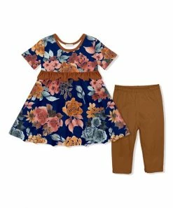Wholesale 🛒 Little Millie Navy Autumn Florals Ruffle A-Line 👗 Dress & Brown Leggings - Infant For Baby & Maternity 🎉