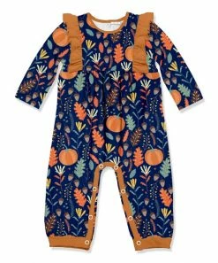 Promo 😍 Little Millie Navy & Orange 👪 Thanksgiving Leaves Ruffle-Trim Playsuit - Infant For Kids 🔔