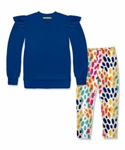 Discount 👏 Millie Loves Lily Cobalt Angel-Sleeve Sweatshirt & White & Rainbow Leopard Leggings - Infant, Toddler & 👧 Girls For Kids 🎉