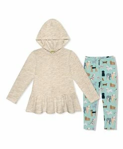 Deals ❤️ Millie Loves Lily Oatmeal Heather Waffle Ruffle-Hem Hooded Tunic & 🐕 Doggy 🐕 Dog Leggings - Infant, Toddler & 👧 Girls For Kids 🤩