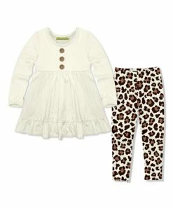 New 🌟 Millie Loves Lily Cream Long-Sleeve Babydoll Top & Leopard Leggings - Infant, Toddler & 👧 Girls For Kids 🎉