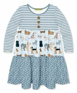 Discount 👏 Millie Loves Lily Dusty Blue 🐶 Doggy 🐶 Dog Tiered Button-Front A-Line 👗 Dress - Infant, Toddler & 👧 Girls For Kids 👏