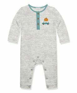 Outlet 🧨 Little Millie Heather Gray Pumpkin Truck Button-Accent Long-Sleeve Playsuit - Infant For Baby & Maternity 🎉