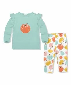 Deals ⌛ Little Millie Mint Pumpkins Snap Angel-Sleeve Top & Leggings - Infant For Baby & Maternity 🔔