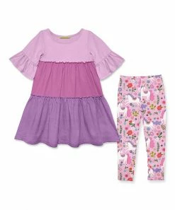 Deals 👍 Millie Loves Lily Lilac Violet Tiered A-Line 👗 Dress & Pink Darling Unicorn Leggings - Infant, Toddler & 👧 Girls For Kids 🛒