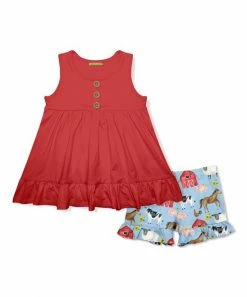 Buy 🛒 Millie Loves Lily Red Ruffle-Hem Babydoll Top & Blue Barnyard Ruffle Shorts - Infant, Toddler & 👧 Girls For Kids 👍