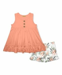 Deals 💯 Millie Loves Lily Coral Ruffle-Hem Babydoll Top & Breezy Floral Ruffle Shorts - Toddler & 👧 Girls For Kids 🤩