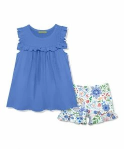 Best Pirce 💯 Millie Loves Lily Marina Blue Ruffle Babydoll Top & Butterfly Garden Ruffle Shorts - Infant, Toddler & 👧 Girls For Kids ❤️