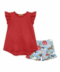 Coupon 😉 Millie Loves Lily Red Angel-Sleeve Hi-Low Top & Light Blue Farm Ruffle Shorts - Toddler & 👧 Girls For Kids 😍