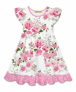 Promo 💯 Millie Loves Lily White & Pink Wedding Floral Patch-Pocket Angel-Sleeve 👗 Dress - Toddler & 👧 Girls For Kids 🧨