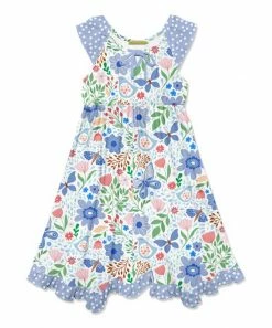 Buy ❤️ Millie Loves Lily White & Blue Butterfly Garden Bow Ruffle-Hem Angel-Sleeve 👗 Dress - Infant, Toddler & 👧 Girls For Kids 🤩