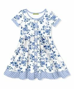 Flash Sale 🔥 Millie Loves Lily White & Blue Simrin Floral Button-Front A-Line 👗 Dress - Infant, Toddler & 👧 Girls For Kids ❤️