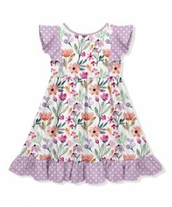 Flash Sale ⭐ Millie Loves Lily White & Lilac Floral Ruffle Angel-Sleeve 👗 Dress - Toddler & 👧 Girls For Kids 😀 -Little Millie-shop zu108304938 alt 2 tm1665506249