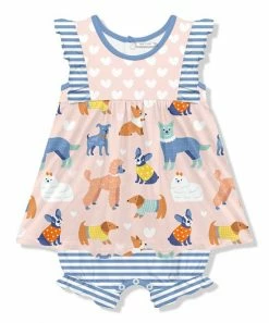 Flash Sale 👏 Little Millie Pink & Blue 🐕 Dog Park 👗 Skirted Bubble Romper - Infant & Toddler For Kids 🛒
