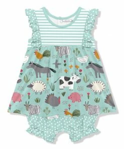 Cheap 🌟 Little Millie Mint & White Farm Animals 👗 Skirted Bubble Romper - Infant & Toddler For Kids 😉