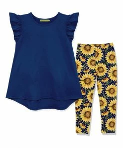 New ⭐ Millie Loves Lily Navy Angel-Sleeve Hi-Low Top & Sunflowers Leggings - 👧 Girls For Kids 🛒