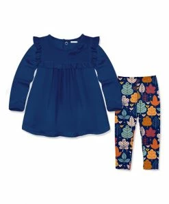 Promo 🌟 Little Millie Navy Ruffle-Accent 👗 Dress & Orange Harvest Leaves Leggings - Infant & Toddler For Kids ⌛