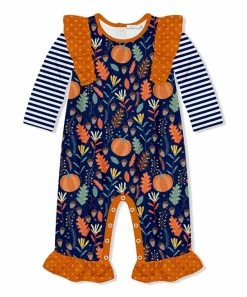 Best Pirce ⭐ Little Millie Navy & Orange 👪 Thanksgiving Leaves Ruffle-Trim Playsuit - Infant For Baby & Maternity 🔥