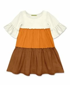 Coupon 💯 Simply Millie By Millie Loves Lily Orange & Caramel Café Bell-Sleeve Tiered A-Line 👗 Dress - 👧 Girls For Kids 🎉
