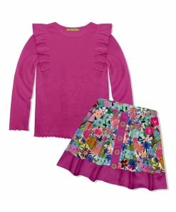 Flash Sale 🎉 Millie Loves Lily Rose Violet Ribbed Ruffle Long-Sleeve Top & Pink Kitten Floral Button 👗 Skirt - Infant, Toddler & 👧 Girls For Kids 🎁