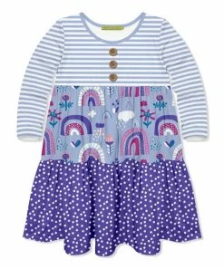 Promo 😀 Millie Loves Lily White & Periwinkle Stripe Spring Rainbow Button-Front Tiered 👗 Dress - Infant, Toddler & 👧 Girls For Kids 💯