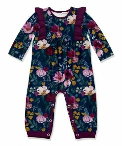 New 🔔 Little Millie Maroon & Navy Fall Petals Ruffle-Trim Playsuit - Infant For Kids 👍