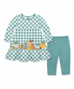 Best deal 🤩 Little Millie Cream Gingham Pumpkin Babydoll 👗 Dress & Nile Blue Leggings - Infant For Baby & Maternity 💯