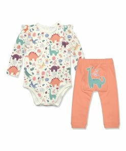 Promo 👍 Little Millie Cream Dino Days Ruffle-Trim Bodysuit & Coral Pants - Infant & Toddler For Kids 🛒