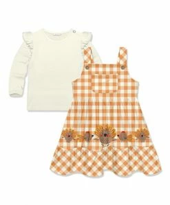 Budget 🤩 Little Millie Cream Snap Ruffle-Sleeve Top & Orange Gingham Turkey Jumper - Infant For Kids 🥰