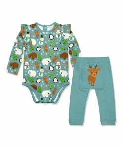 Best Pirce ❤️ Little Millie Nile Blue Woodland Winter Ruffle-Trim Bodysuit & Nile Blue Pants - Infant For Kids 🥰