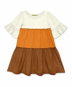 Best deal 🤩 Simply Millie By Millie Loves Lily Orange & Caramel Café Trumpet-Sleeve Tiered A-Line 👗 Dress - 👧 Girls For Kids 🧨