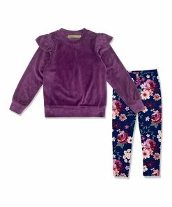 Cheapest 🎁 Millie Loves Lily Plum Ruffle Ribbed Velour Sweatshirt & Willow Floral Leggings - 👧 Girls For Kids 👍