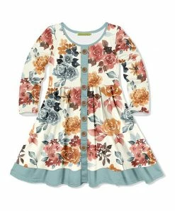 Brand new 🎁 Millie Loves Lily Nile Blue & Cream Autumn Florals Button-Front A-Line 👗 Dress - Infant, Toddler & 👧 Girls For Kids ⌛