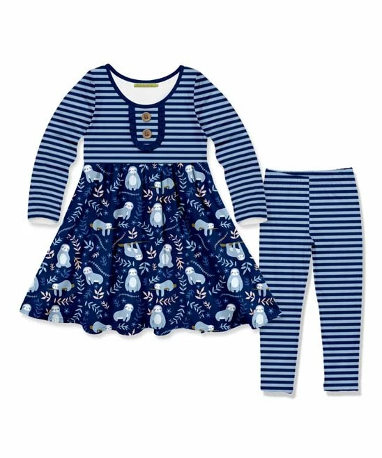 Budget π₯° Millie Loves Lily Navy Sam Sloth Button-Front A-Line π Dress & Stripe Leggings - Infant, Toddler & π§ Girls For Kids π 1 Budget π₯° Millie Loves Lily Navy Sam Sloth Button-Front A-Line π Dress & Stripe Leggings - Infant, Toddler & π§ Girls For Kids π